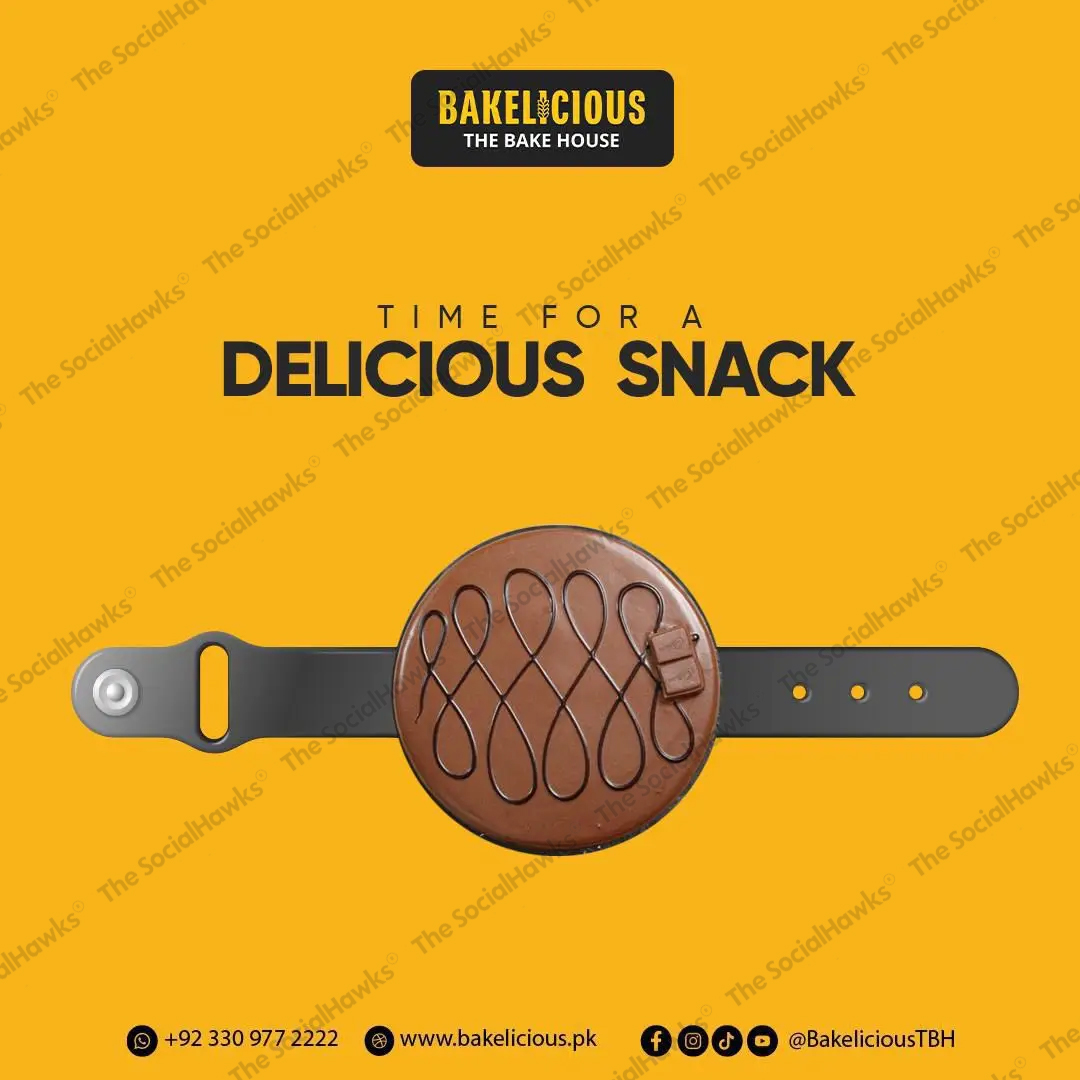 Bakelicious time for delicious snack post with chocolate pastry shaped as watch
